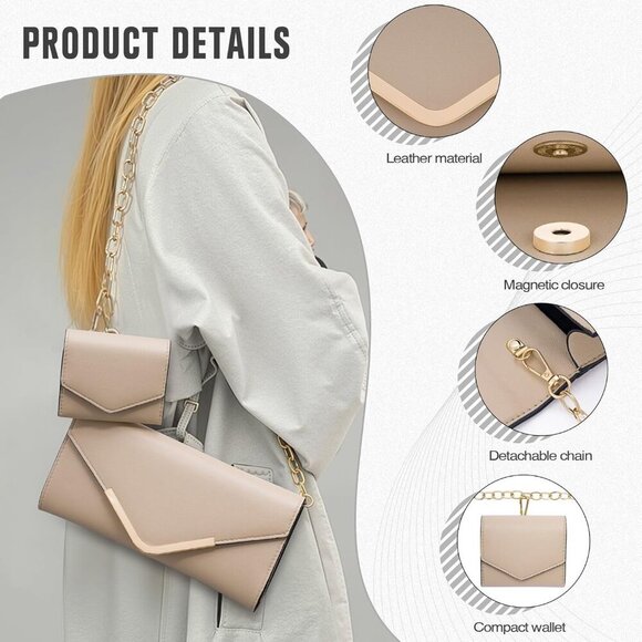 Leather 2-Piece Envelope Clutch & Wallet Set Chain Strap Evening Party Bag - Picture 3 of 7